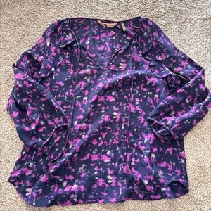 Rebecca Taylor 100% Silk Blouse Purple Blue Abstract 3/4 Sleeves Tie front XS